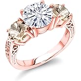 Gem Stone King 18K Rose Gold Plated Silver White Moissanite and Peach Morganite Engagement Ring For Women | 3.10 Cttw | Round 8MM | Gemstone Birthstone