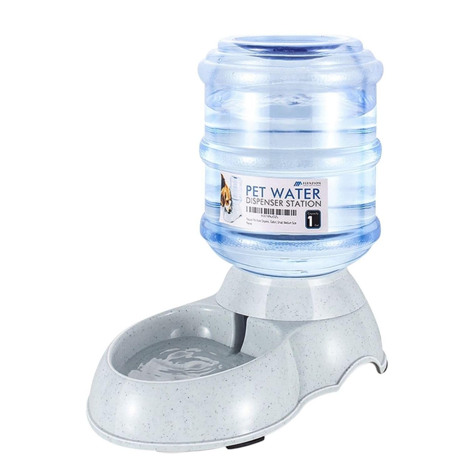 Flexzion Automatic Dog Water Bowl Dispenser For Cat Pet Animal (1 Gallon Dispener Water Jug) - Gravity Feeder Auto Replenish Waterer Drinking Bowl Fountain Bottle Dish Stand