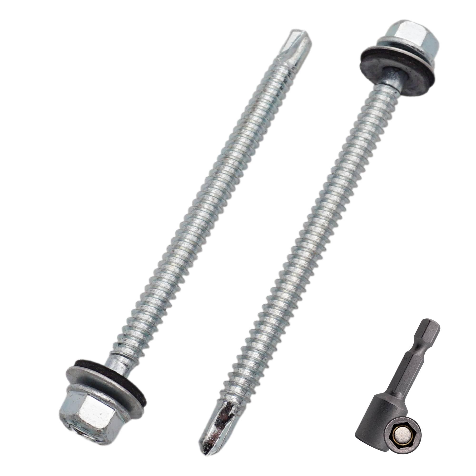 SKIR'CO (15 pcs) Zinc Plated Roofing Screws 6.3 x 90 mm, Hex Head, DIN 7504-K Self-Drilling Screws with EPDM Sealing Washers