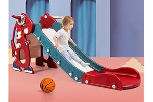 Sephyroth Toddler Slide for Toddler Age 1-3 Indoor Plastic Slide Outdoor Playground Climber Slide Playset with Basketball Hoop & Ring Game (Dinosaur Red)