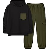 Hipea Boys Clothes Long Sleeve Hooded with Chest Pocket Cargo Pants with Side Pockets 2PCS Sets