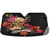 HUXINO Car Windshield Sun Shade, Floral Sugar Skull Day of The Dead Foldable Sun Visor for Car Window Blocks UV Rays and Heat Reflector Sunshade Shield Cover, Fit for Most Vehicles