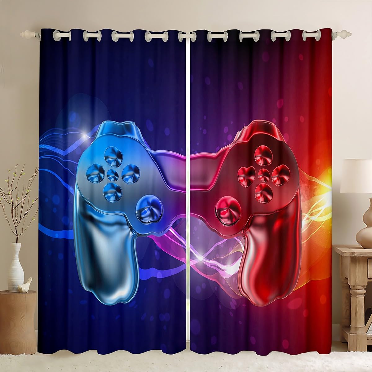 Galaxy Gamepad Curtains Kids Boys Modern Gradient Curtains for Bedroom Living Room Video Game Gamepad Windows Drapes Novelty Game Controller Room Decoration,Blue,Red,W46*L54
