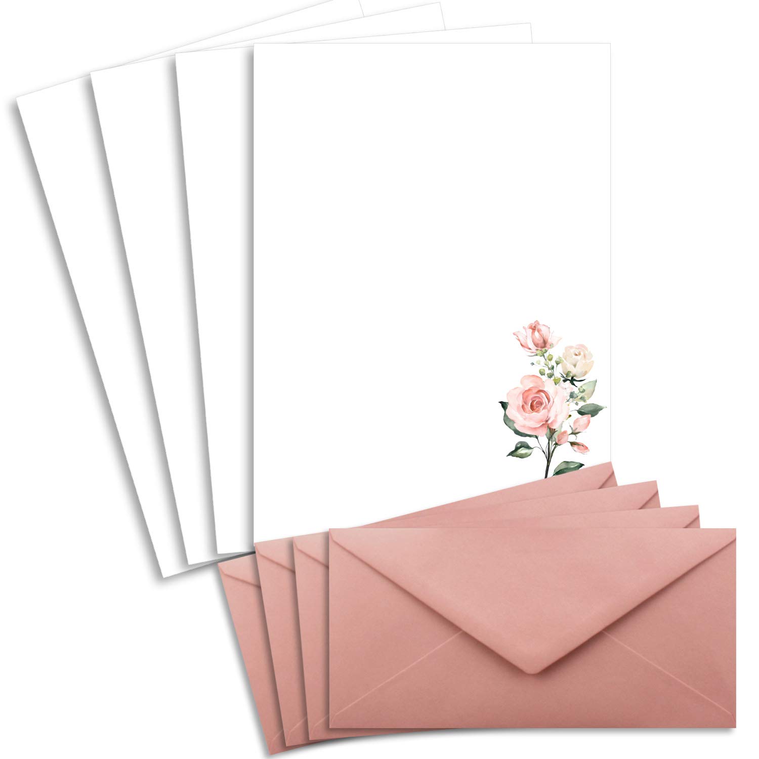 25 Letter Paper Sets DIN A4 – Natural Paper in Cream with Rose Branches – with Envelopes DIN Long in Dusky Pink Letter Paper – Printable – Ideal for Wedding Invitations