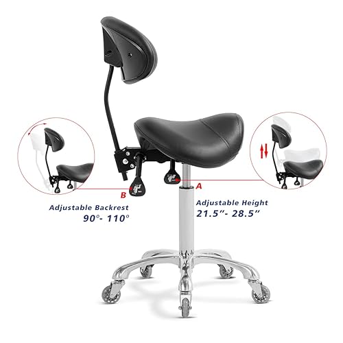 Saddle Stool Rolling Chair with Back Support,Esthetician Tattoo
