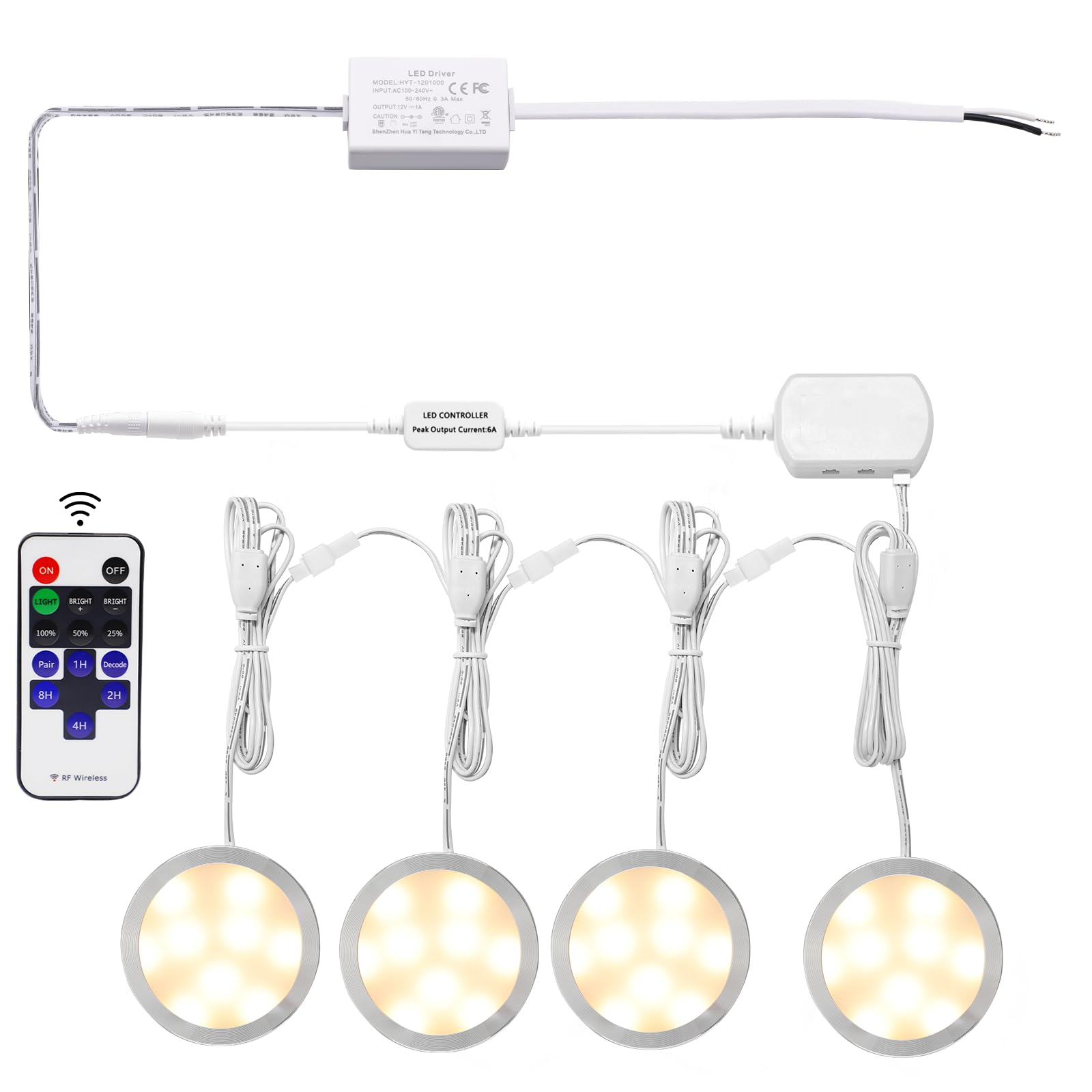 AIBOO Linkable Under Cabinet LED Lighting 12V Dimmable Puck Lights Hardwired with Wireless RF Remote Control for Kitchen Mood Lighting(4 Lights, Warm White)