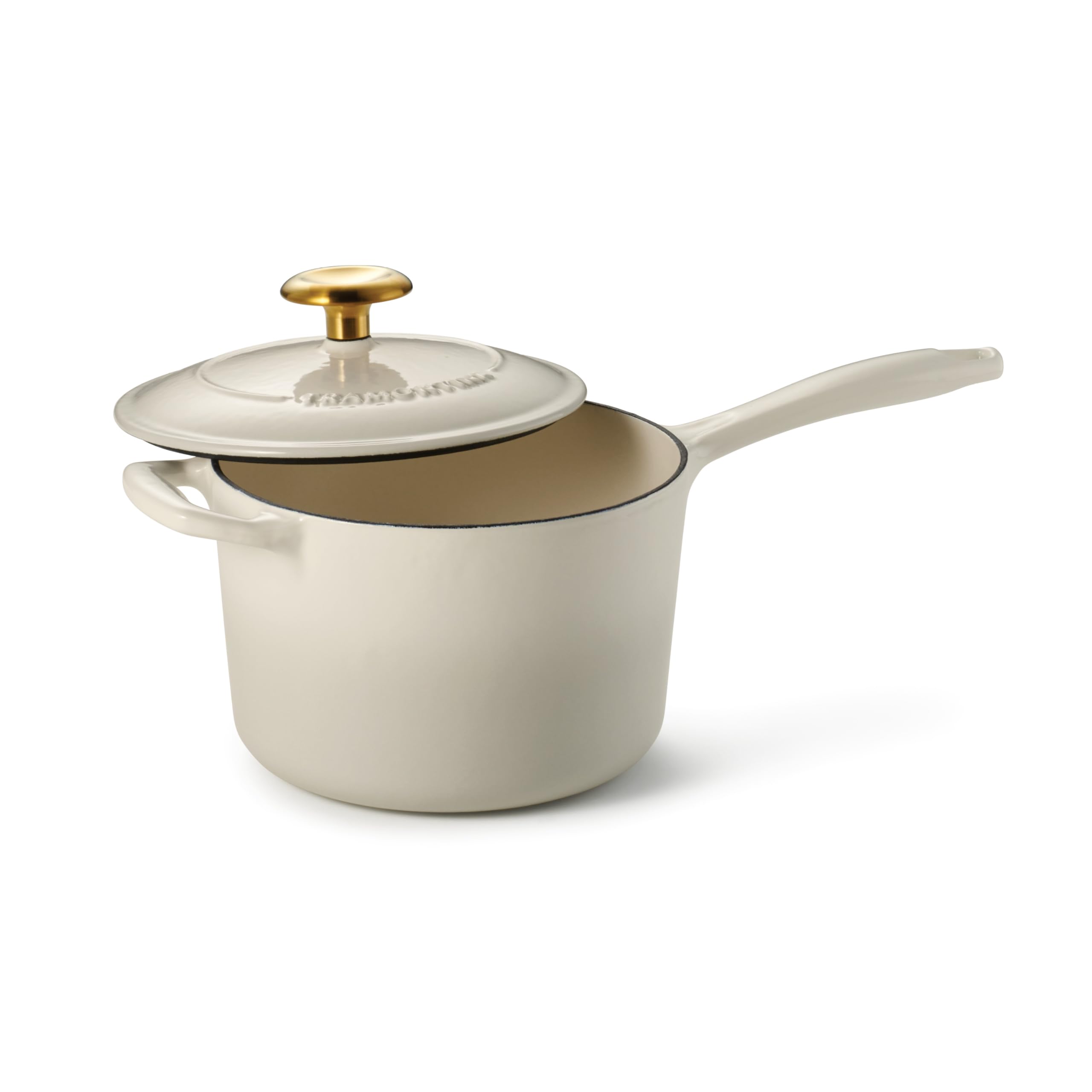 Tramontina Bestow Enameled Cast Iron Sauce Pan with Lid, 2.5-quart, Latte with Gold Knob Image Tramontina Bestow Enameled Cast Iron Sauce Pan with Lid, 2.5-quart, Latte with Gold Knob Image
