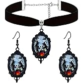Dreuyet Gothic Witch Cameo Jewelry Set Vintage Crystal Glass Witch Black Goth Mystic Victorian Earrings and Velvet Necklace Punk Halloween Jewelry
