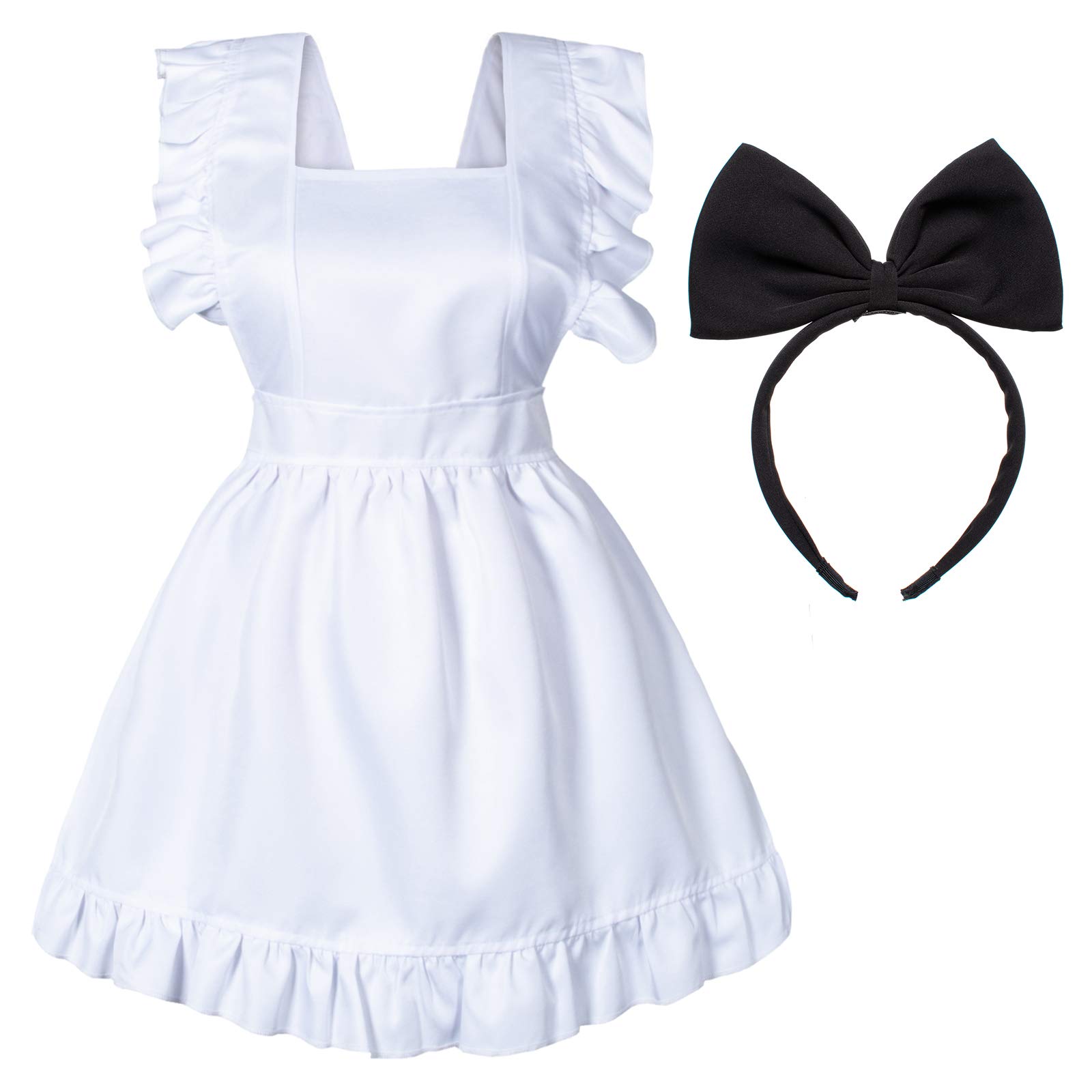 Fancy Cute White Retro Frilly Adorable Maid Waitress Aprons Vintage Costume Bow Headdress Gloves set(Bow)