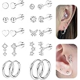 NIUSIMAN 20G 10Pairs Hypoallergenic Surgical Steel Earrings for Sensitive Ears Flat Back Earrings for Women Men Small Earrings Flatback Stud Hoop Cartilage Daith Conch Tragus Helix Earring Set for Multiple Piercing