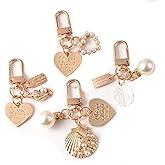 ELVRLA 4 Pcs Girls Women Beautiful Elegant Vintage Art Flower Floral Leaves Soft Clothes Style Keychain Lightweight Keyring Key Ring, Bag Backpack Shell Heart Decoration Pendant Pearl Strap -Set5