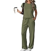 ATHMILE Two Piece Sets for Women Casual Summer Travel Outfits Cap Sleeve Vacation Cap Sleeve Wide Leg Pants Lounge Set