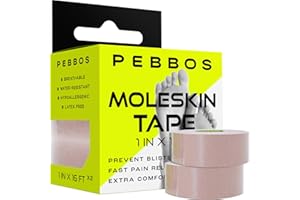 Pebbos Moleskin Tape - 1in x 16ft - Blister Prevention Tape, Medical Padding Tape | Water Resistant & Hypoallergenic | Thin Mole Skin Padding & Athletic Tape for Running, Hiking, Walking - 2 Rolls