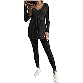 MakeMeChic Women's Maternity Clothes 2 Piece Outfit Long Sleeve V Neck Belted Tops and Leggings Pregnancy Set