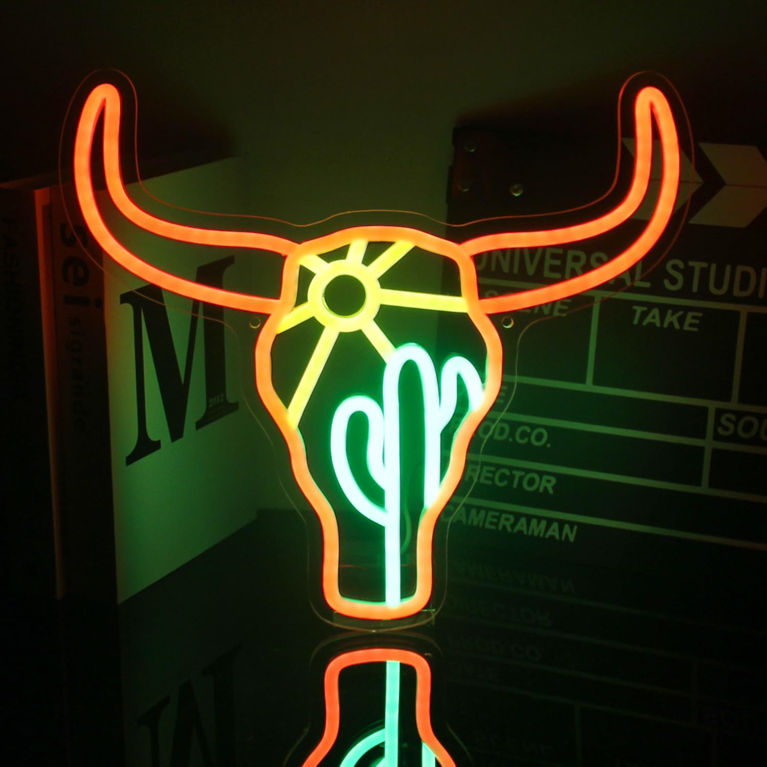 Photo 1 of **WIRE COVERED WITH INK/NOT IN ORIGINAL BOX**Bull Cactus Sun Neon Sign Texas Longhorn Bull Neon Lights for Bedroom Western Landscape LED Sign Cow Head Neon Lights Signs Orange Cowboy Light Up Signs for Wall Bar Man Cave Game Room Decor