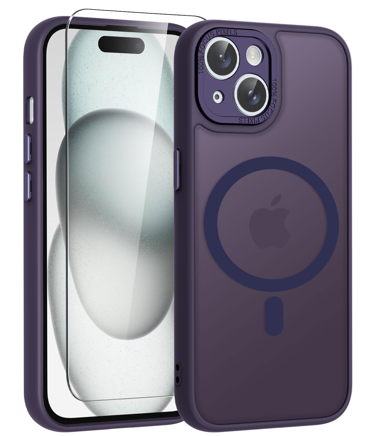 WRJ for iPhone 15 Case, Slim Translucent Matte Magnetic Case for Women Men [Compatible with Magsafe][Enhanced Camera Protection] Anti-Fingerprints Shockproof Cover with Screen Protector-Dark Purple