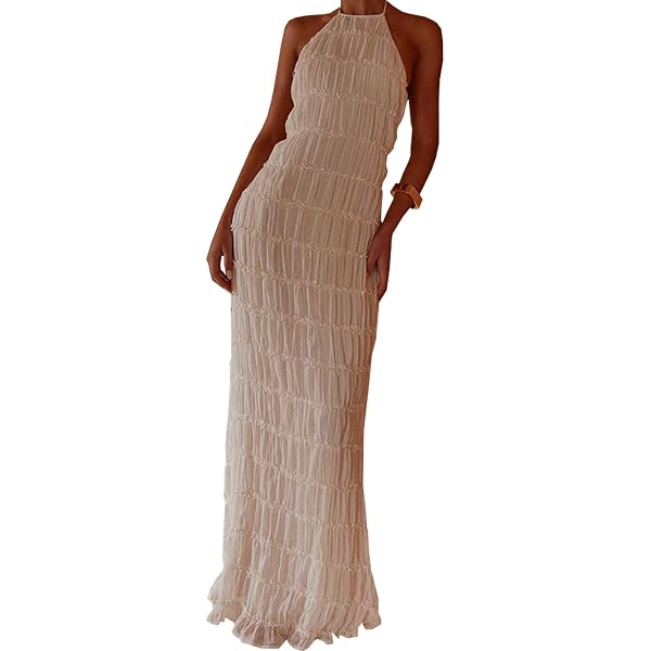 Faymlc Women Halter Neck Pleated Maxi Dress Sleeveless Backless Smocked Long  Dress Open Back Flowy Sundress Vacation Dresses (Apricot, S) at Amazon  Women's Clothing store