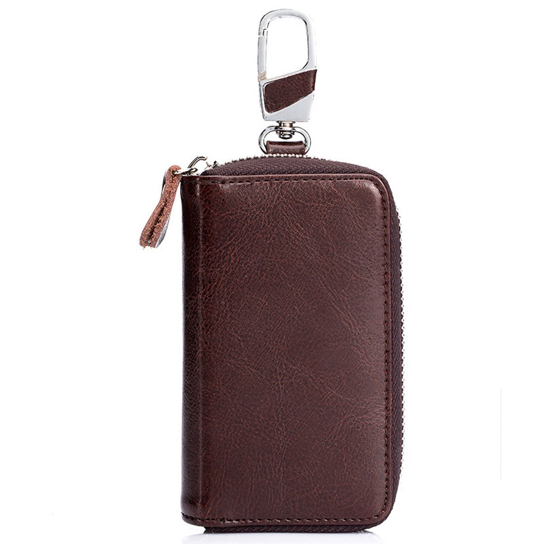 Genuine Leather Key Case Car Key Wallet with 12 Hook Zip Around Keychain Holder for Men and Women (Coffee)