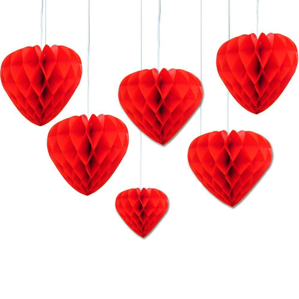 Happium Red Honeycomb Love Heart 20cm, Pack of 6, Hanging Paper Valentines Decoration Kit, Valentine's Day Red Hanging Honeycomb Hearts Balls Poms for Wedding Valentine Anniversary Party Supplies