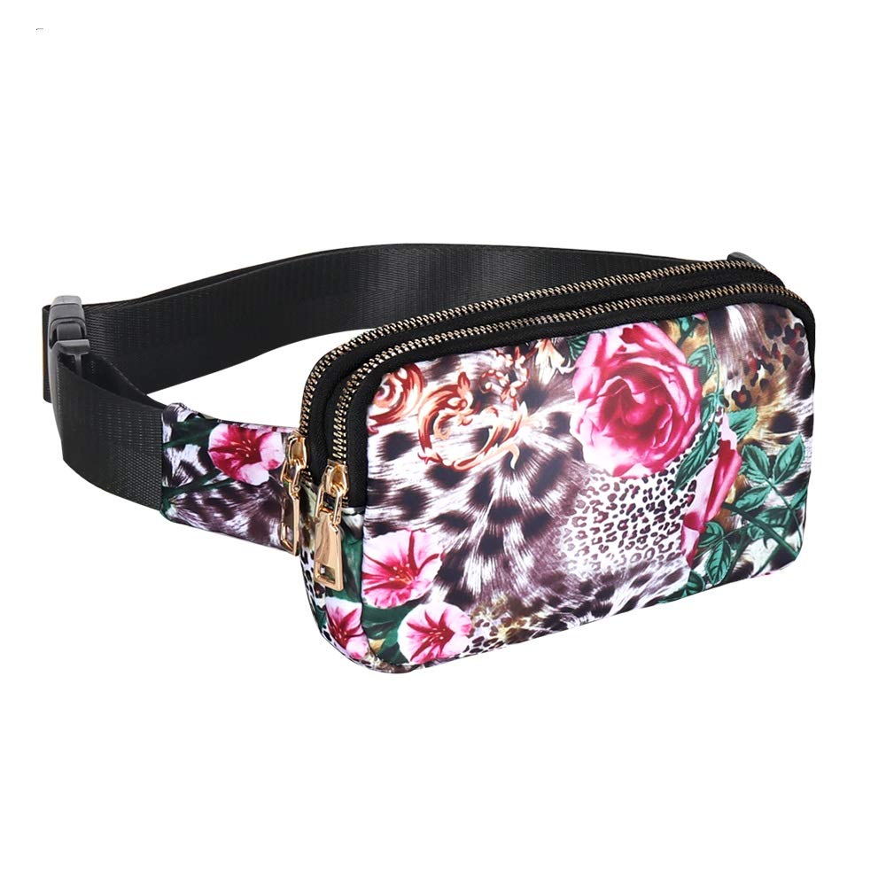 Geestock Bumbag for Ladies, Fanny Pack with Adjustable Straps & 2 Zipper Pockets for Women Men, Crossbody Fashion Waist Belt Bag for Hiking Running Festivals Walking Travel Cycling (Leopard Flower)