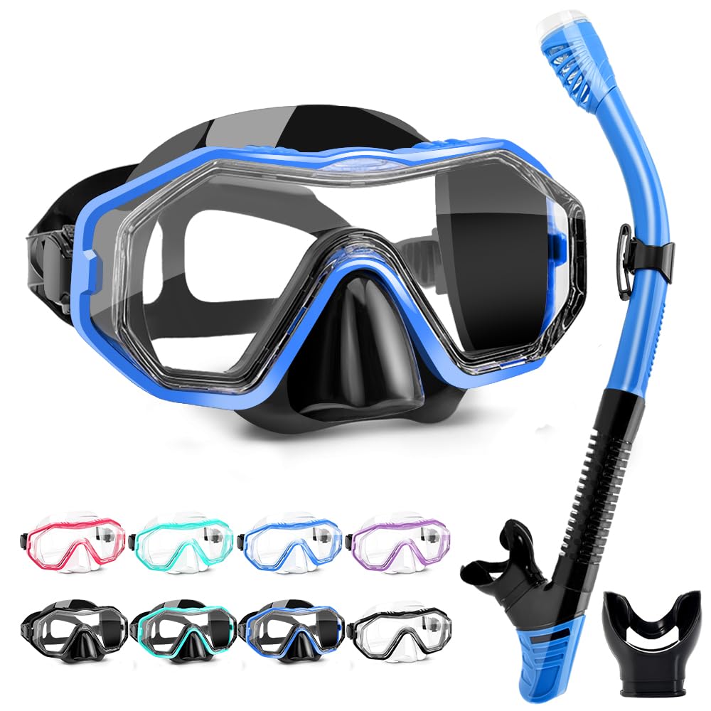 HINATAA Dry Snorkel Set,Multi-Colors 180° View Anti-Fog Diving Goggle and Silicone Anti-Leak Dry Snorkel Tube,Profession Snorkeling Gear, Easy Breath Snorkel Mask for Adult and Teenagers (Black Blue)
