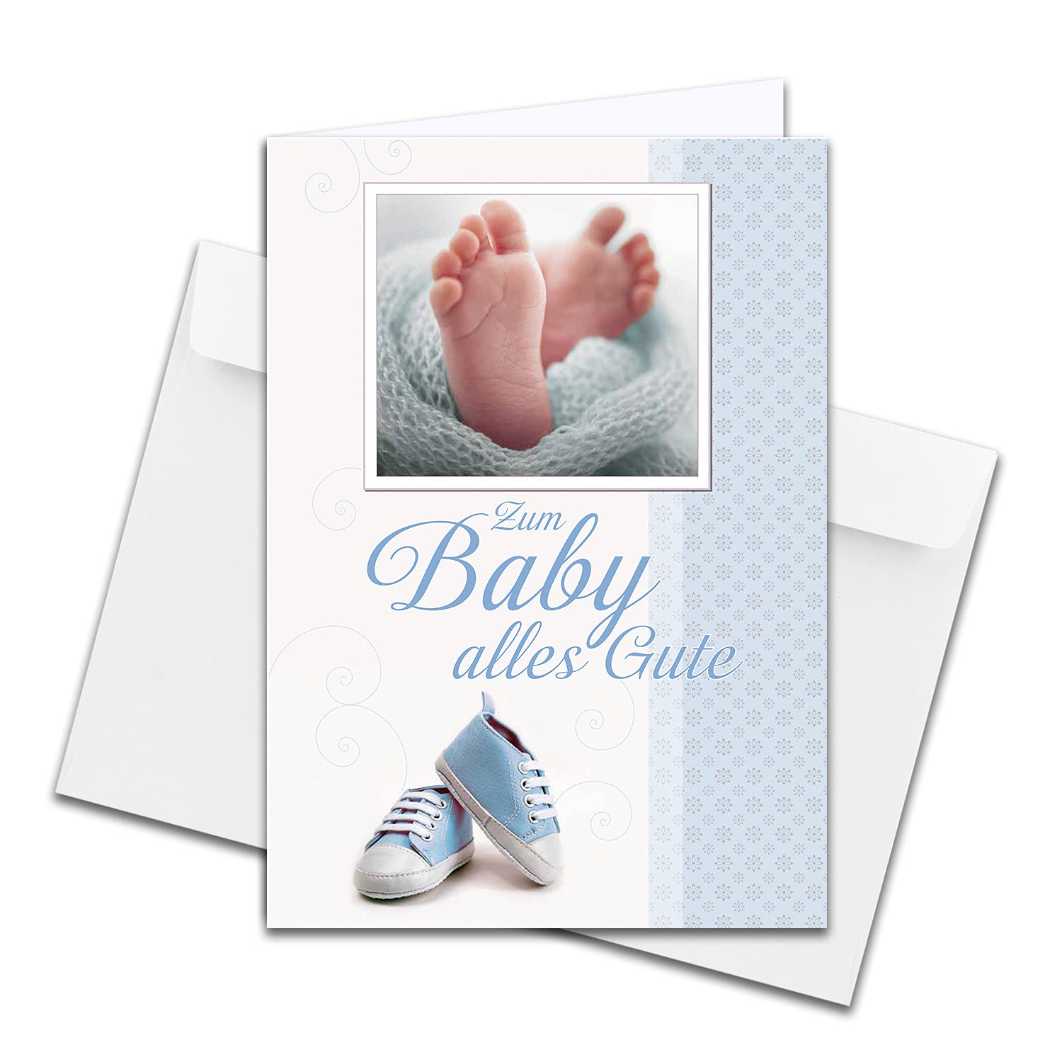 1 piece - XXL baby birth card DIN A4 - large baby card - set with large envelope DIN C4 - baby feet with baby shoes - for boys