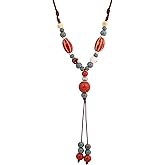 MINACHI Vintage Bohemian Ethnic Colorful Ceramic Bead Long Y Necklace, Hippie Boho Summer Fashion Jewelry Gift for Women