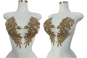 ARTISTRYXB Handmade Rhinestones lace Trim Patches Handsewing Beads Bodice Applique for Dress DIY Accessories 1pair/Set (Champagne)