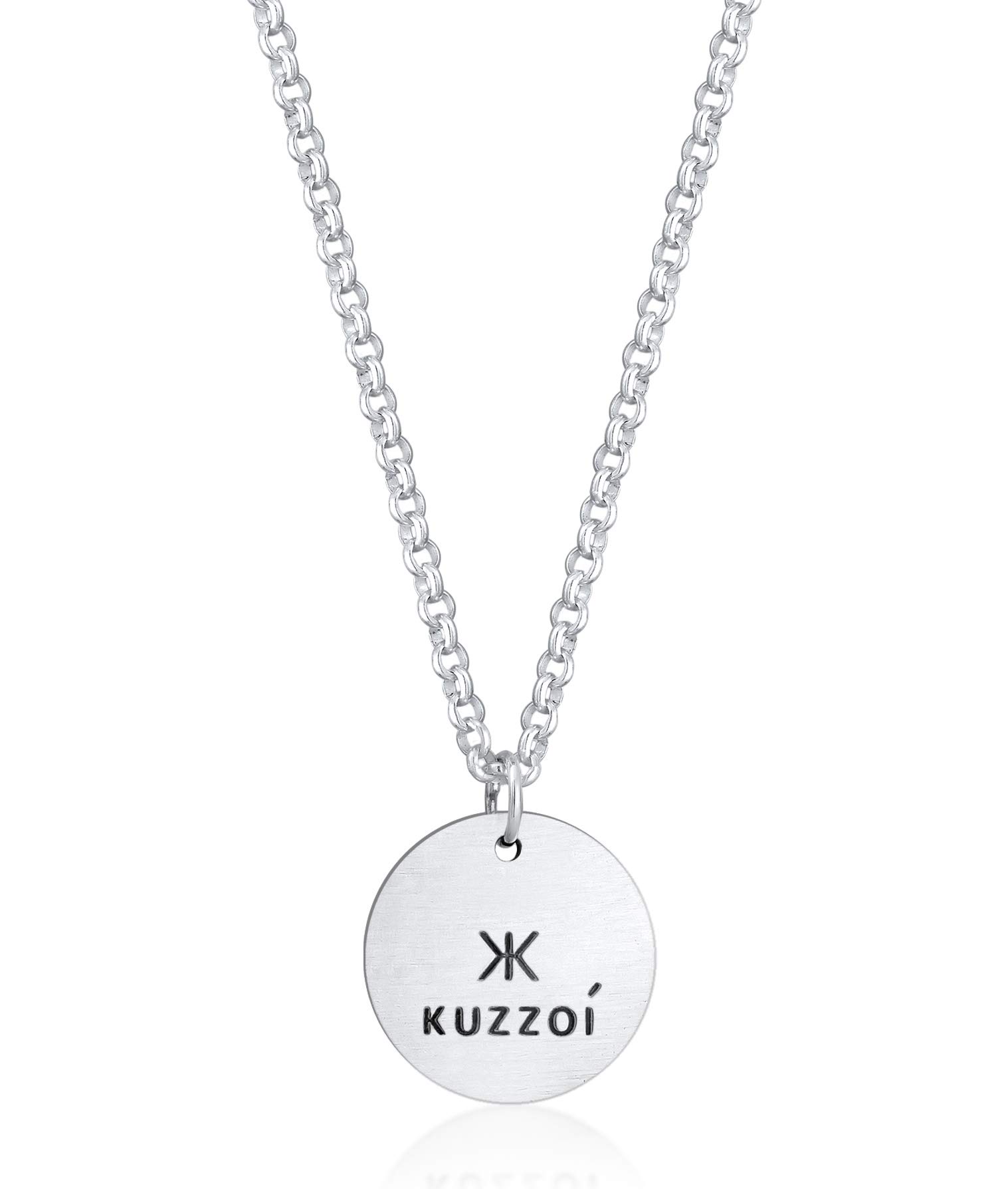 Kuzzoi Exclusive Men's Necklace with Coin Pendant (20 mm) in Casual Look with Oxidised Logo Solid Chain for Man or Boyfriend, Robust Chain Made of 925 Sterling Silver, Length 60 cm, Sterling Silver