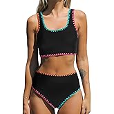 CUPSHE Women's Bikini Sets Two Piece Swimsuit Scoop Neck Tank Wide Straps Midkini Stitching