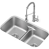 KRAUS Premier 32 in. Undermount 50/50 Double Bowl 18-Gauge Stainless Steel Kitchen Sink and Commercial Style Pull Down Faucet