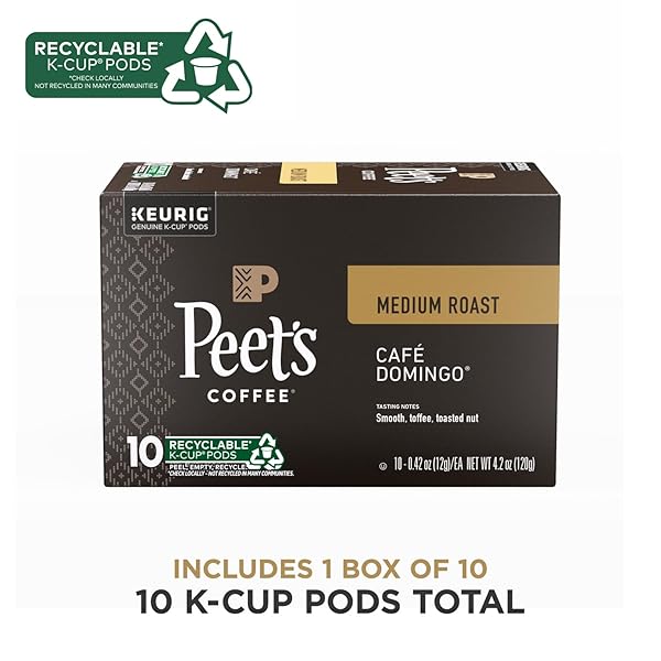PEET’S COFFEE, MEDIUM ROAST KEURIG K-CUP PODS, 100% ARABICA COFFEE – CAFE DOMINGO 10 COUNT (1 BOX OF 10 PODS)