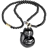 Wizock Black Obsidian Fox Pendant Choker Necklace for Women Agate Beads Chain Crystals Good Luck Balance Protection Necklaces