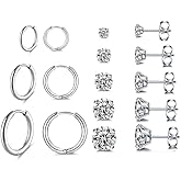 Surgical Stainless Steel Stud Earrings Hoop Earrings for Women Men 14K Gold Plated Hypoallergenic Cartilage Earrings Flat Back CZ Earrings Set Dainty Multiple Piercing Pack of 8 Pairs