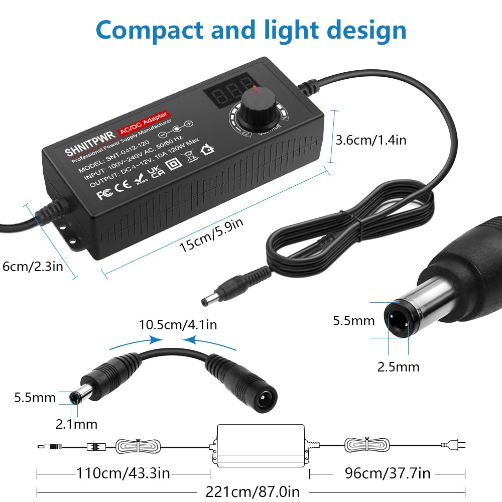 SHNITPWR 4V - 12V Power Supply 10A 120W AC to DC Adapter DC 4V 4.5V 5V 6V 7V 8V 9V 10V 11V 12V Voltage Adjustable Universal Power Converter Transformer 100-240V AC In with 14 Tips & Polarity Converter