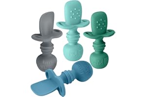 LITTLE WHISPERS LittleWhispers Baby Silicone Spoons - Self Feeding 6 Months - Infant, Toddler, & Kid Friendly Utensils - First Stage, Baby Led Weaning - 4 Pack Utensil Set (Soft Blues)