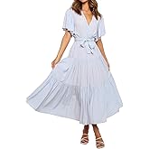 R.Vivimos Summer Dress for Women Cotton Ruffle Short Sleeves V Neck Casual Flowy Midi Dress with Belt