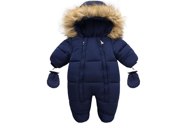 Newborn Baby Boy Girl Winter Snowsuit Down Coat Puffer Jacket with Hood Fur Collar Warm Footed Jumpsuit with Gloves