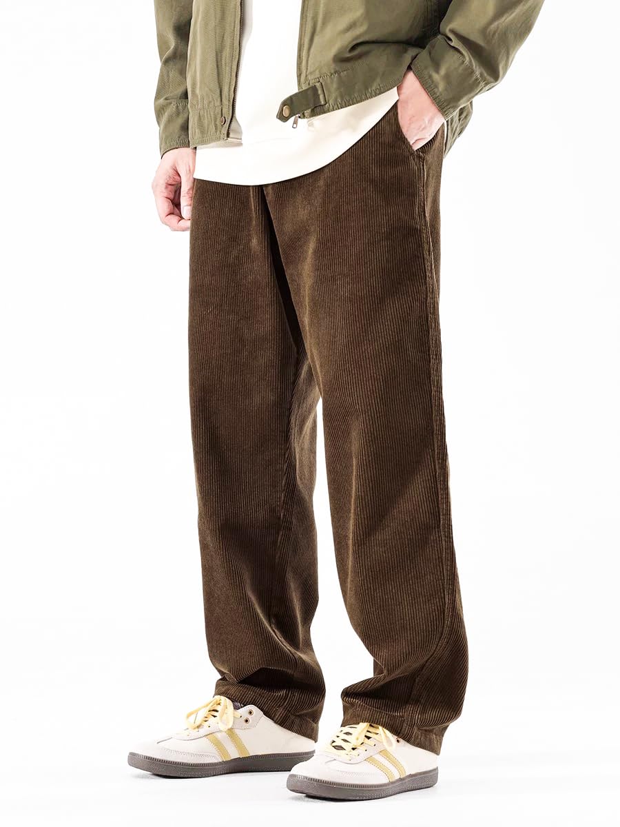 Photo 1 of PLEPAN Men's Corduroy Pants Elastic Waist Drawstring Work Pants Fashion Loose Casual Long Jogger Trousers L Dark Brown