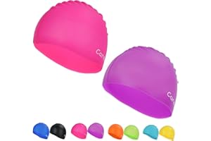 CAREULA Swim Cap, 2 Pack Durable Silicone Swimming Caps for Kids Girls Boys Youths (Age 2-12), Soft 3D Ergonomic Waterproof Kids Swim Caps, Comfortable Fit for Long Hair and Short Hair