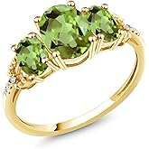 Gem Stone King 2.46 Cttw 10K Yellow Gold Green Peridot and Diamond Accent 3-Stone Engagement Ring For Women | 3 Stone Wedding Anniversary Promise Ring For Women