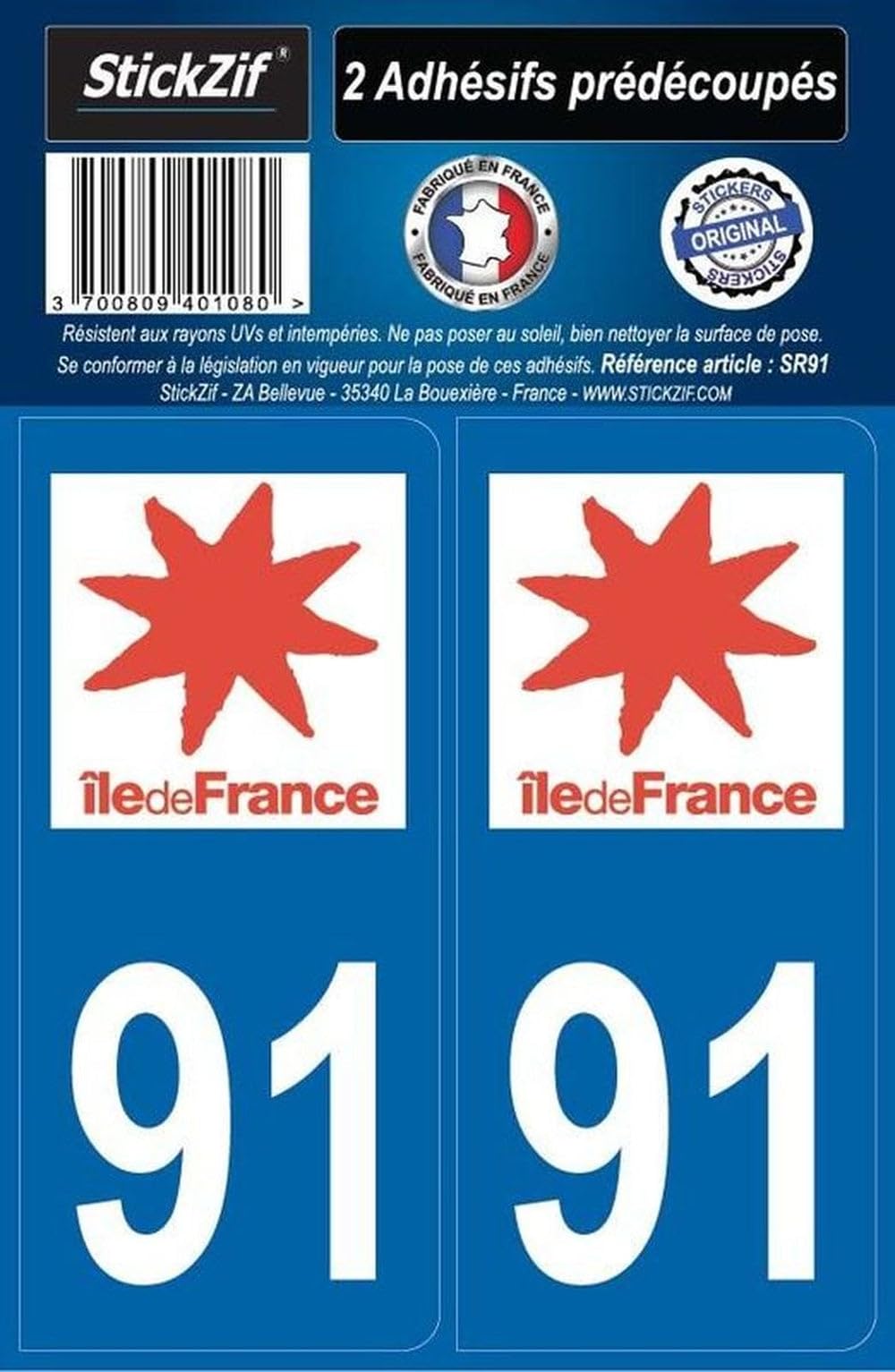 STICKZIF SR91 2 Adhesive Stickers département 91 Ile-de-France region, Set of 2