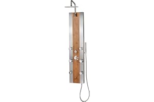 PULSE ShowerSpas 1050 Bali ShowerSpa Panel with 10" Low-Profile Rain Showerhead, 6 Body Spray Jets, Hand Shower, Tub Spout, Bamboo Wood and Stainless Steel Panel with Brushed Nickel Fixtures