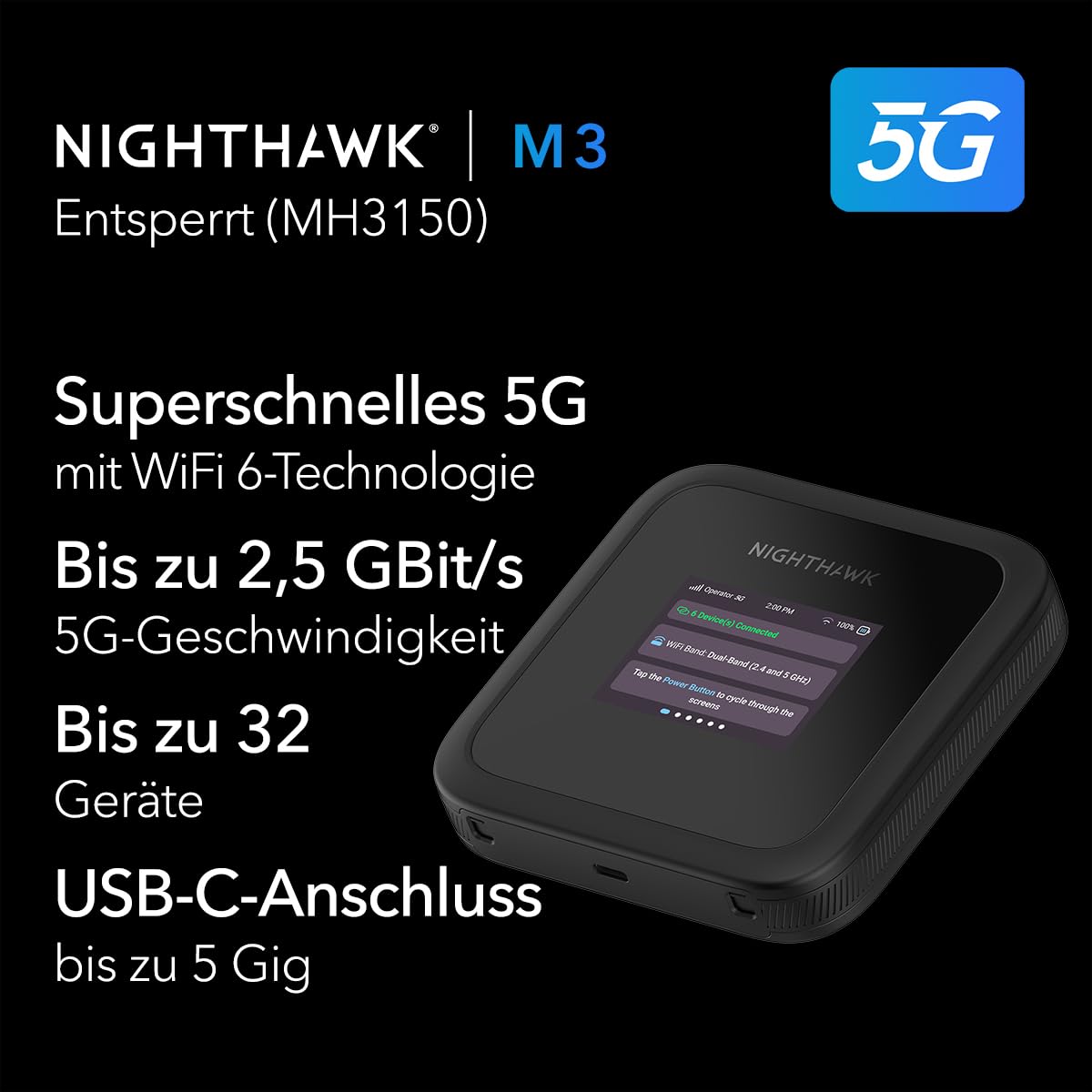 NETGEAR Nighthawk M3 – Mobiler 5G Router mit WiFi 6, bis zu 2,5 GBit/s – SIM-Steckplatz entsperrt – Tragbarer WLAN-Hotspot für Private/geschäftliche Nutzung – 5G/4G MiFi – AX3600, 32 Geräte (MH3150) 2