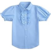 Girls Short Sleeve Button Down Shirts Ruffle School Uniform Crop Tops Peter Pan Collar Plaid Blouse 4-13Y