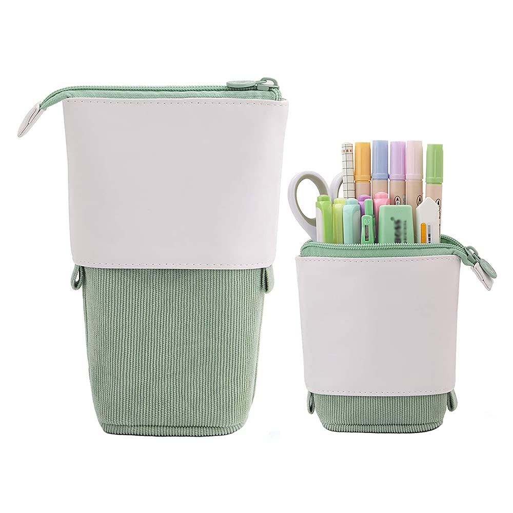 Upright Pencil Case, Telescopic Pencil Holder, Stationery Pencil Bag, PU Corduroy Stand-up Pen Pouch Holder, Colorful Pen Organizer for Students Boys and Girls (green)