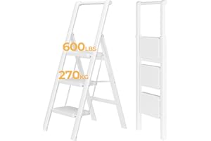 JOISCOPE 3 Step Ladder, Foldable Step Stools for Adults with Wide Anti-Slip Pedal, 600lbs Lightweight Sturdy Steel Ladder,Convenient Handgrip,Portable Folding Ladder for Home Kitchen Office,White