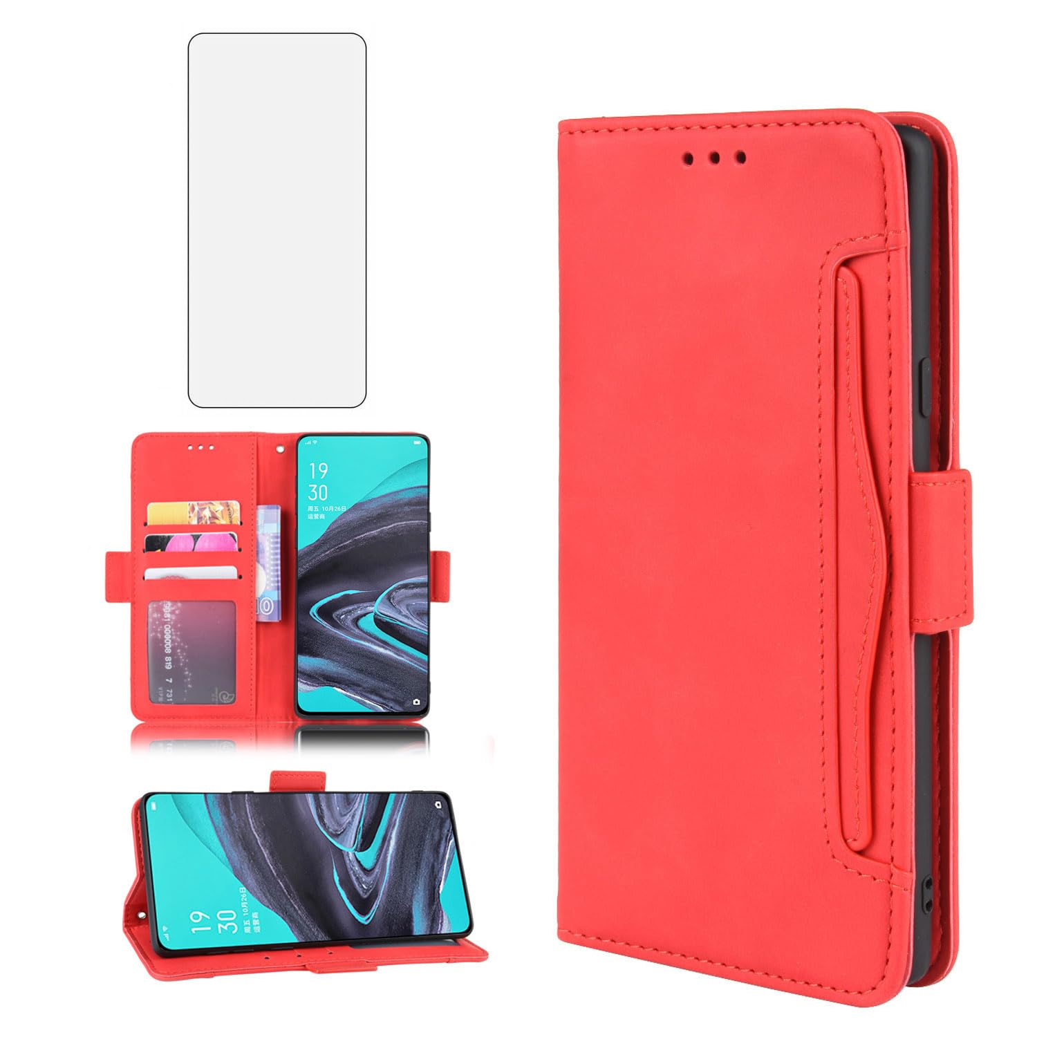 Asuwish Compatible with Oppo Reno2 Z Wallet Case and Tempered Glass Screen Protector Card Holder Stand Leather Flip Cell Accessories Phone Cover for Reno2Z Reno 2 Women Men Red