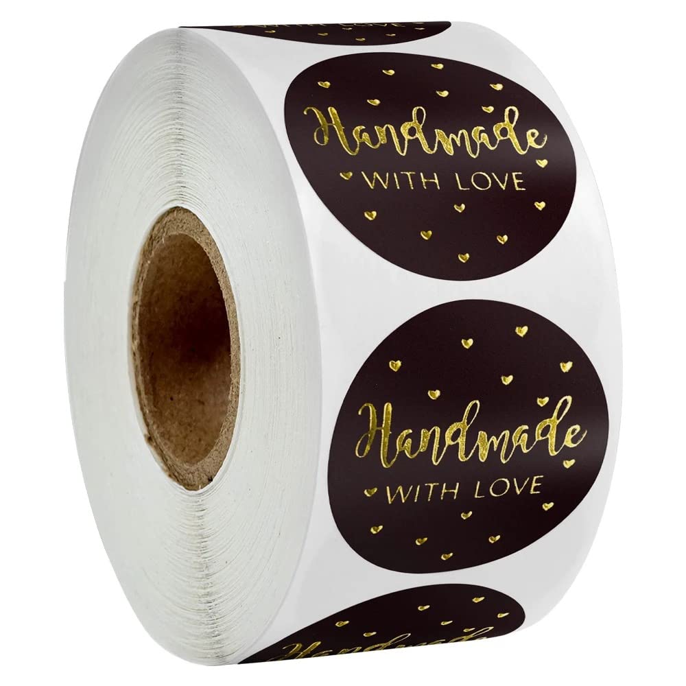 MajorCrafts 500 Labels per roll 25mm / 2.5cm Wide Black & Gold 'Handmade with Love' Printed Round Stickers V002