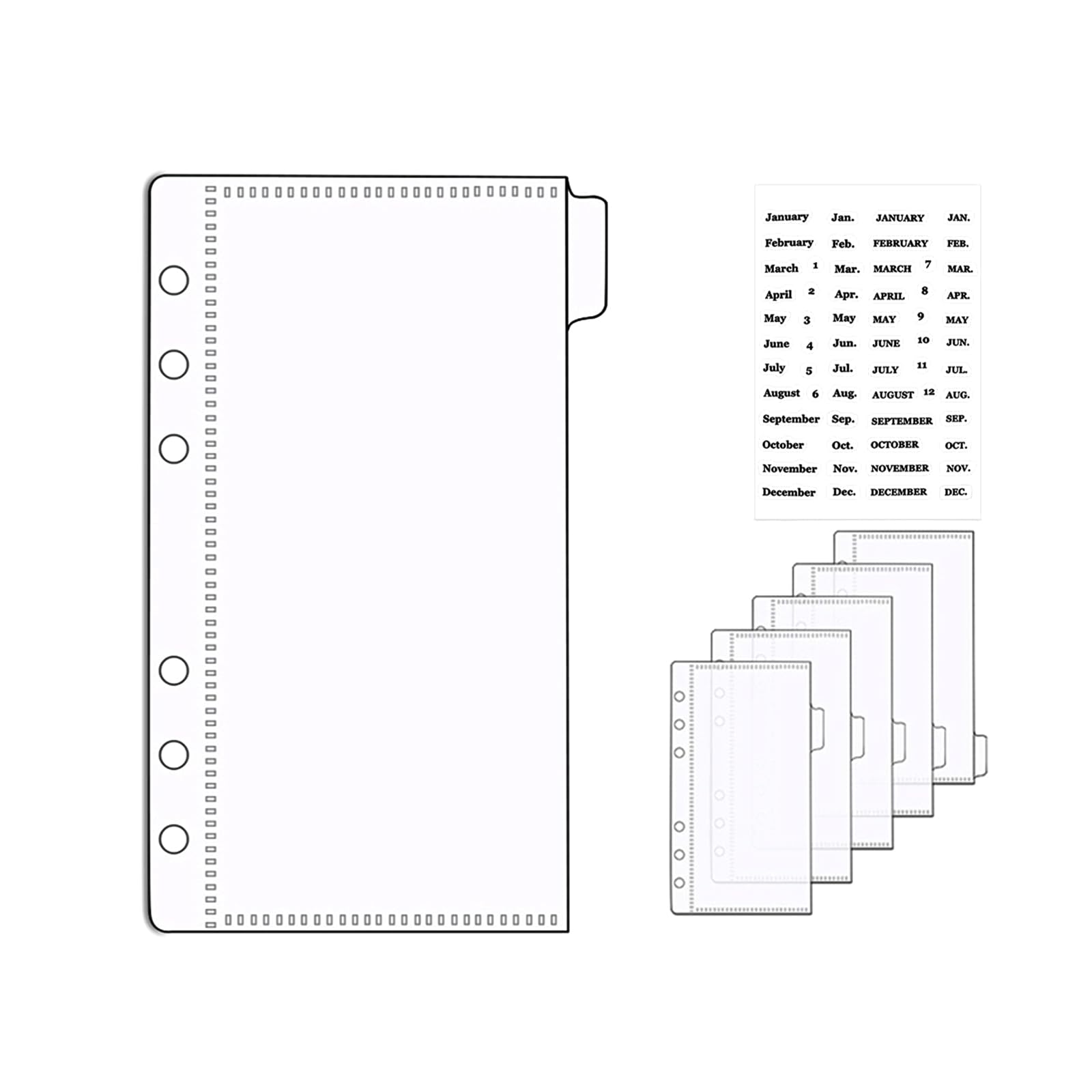 NatSumeBasics 6 A6 Binder Pocket Dividers Zipless Tabbed Cash Envelopes Clear Binder Inserts with 2pcs Label Stickers for 6-Ring Budgeting Binder (A6)